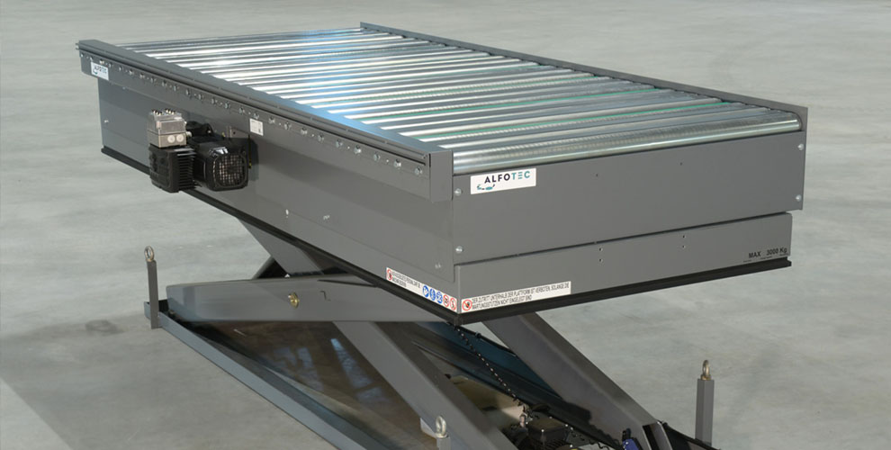 Hubtisch mit aufgesetztem Rollenförderer Hubtisch Rollenförderer